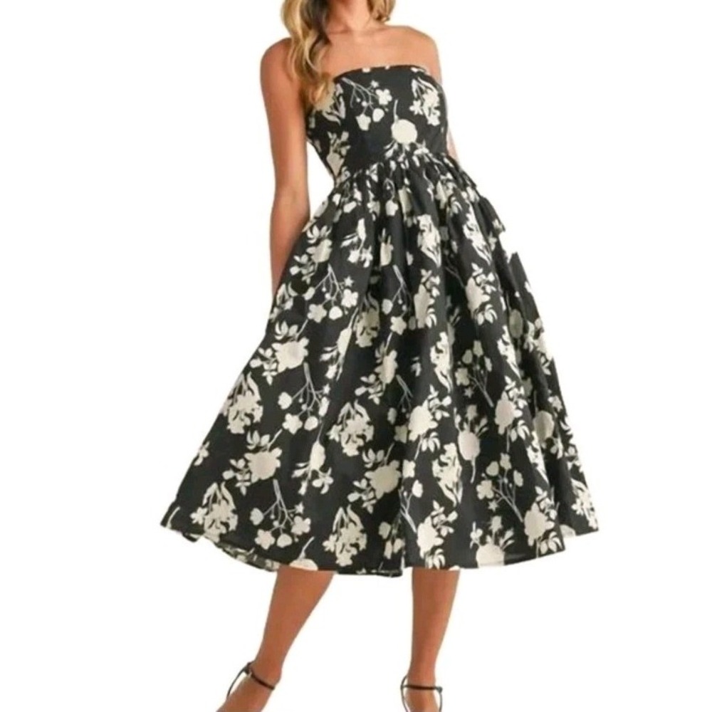 KLESIS Black White Floral Strapless Midi Dress Size S Fit & Flare Pockets A-Line